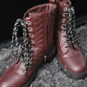 Quilted Burgundy Lace-Up Boots